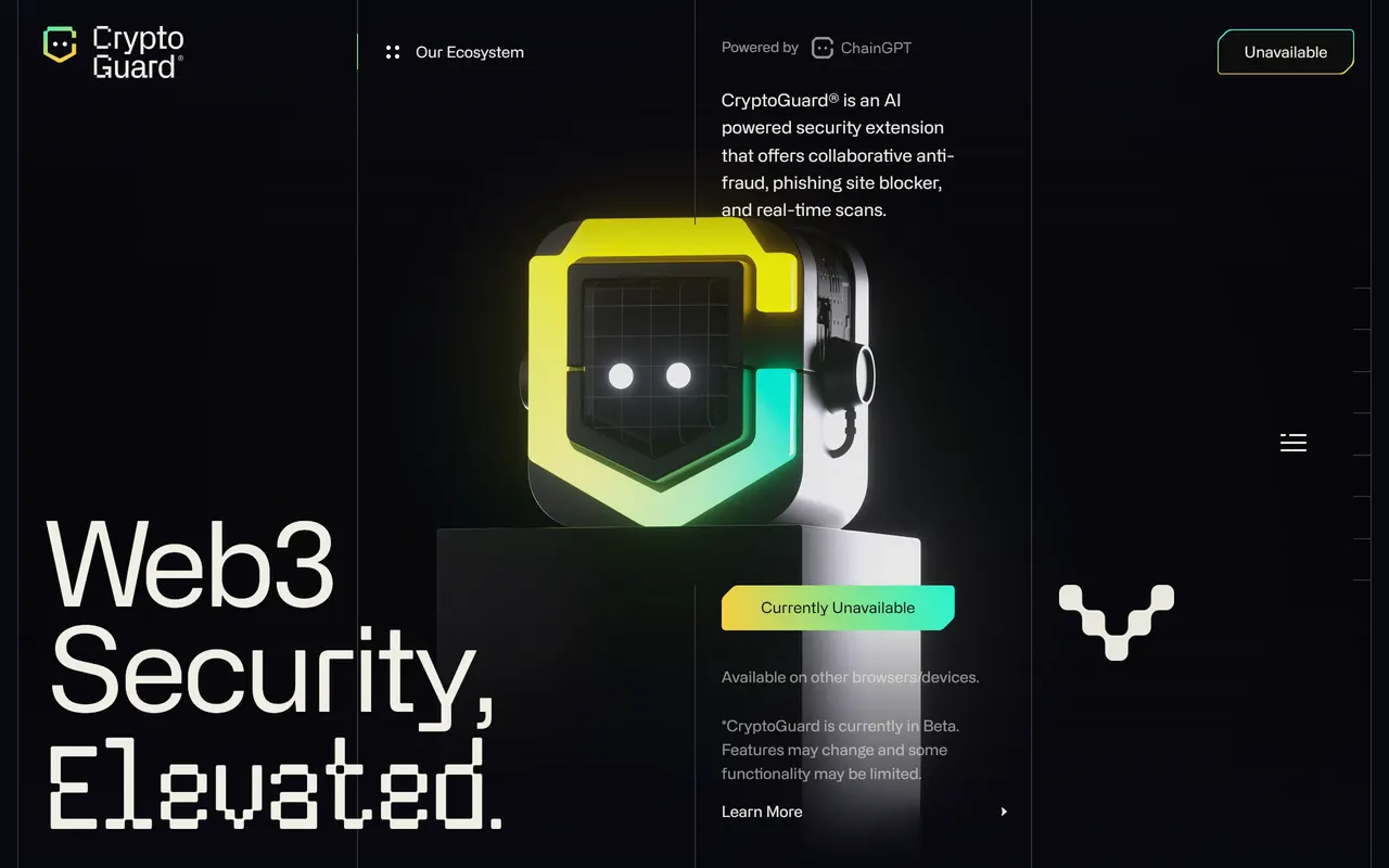 CryptoGuard product site headlined "Web3 Security, Elevated", describing an AI powered security extension with anti-fraud, phishing blocking and real-time scans