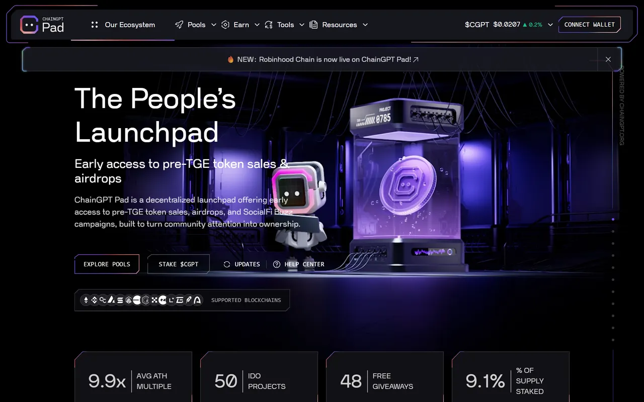 ChainGPT Pad launchpad showing pool statistics: average ATH multiple, IDO project count, giveaways and share of supply staked