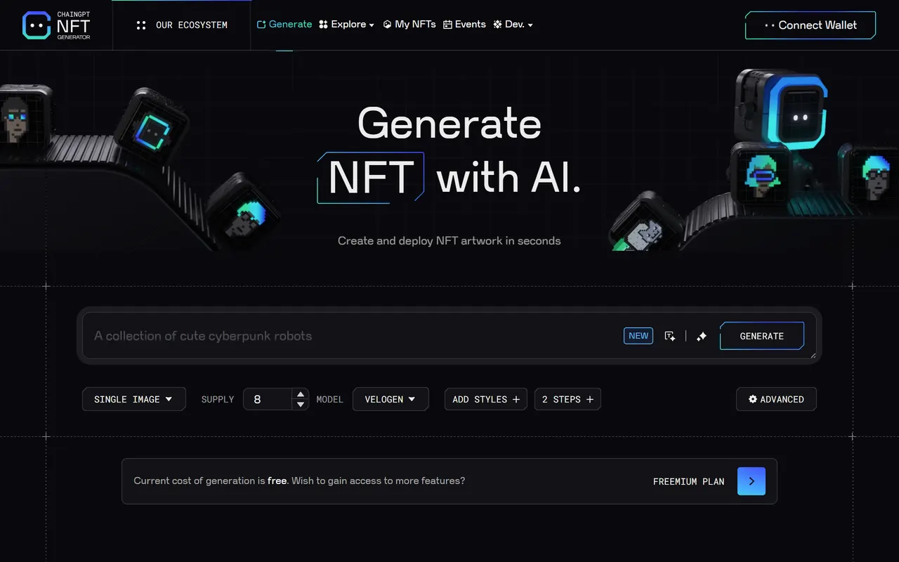 ChainGPT NFT Generator: a prompt field with supply, model and style controls above a Generate action, ready to mint