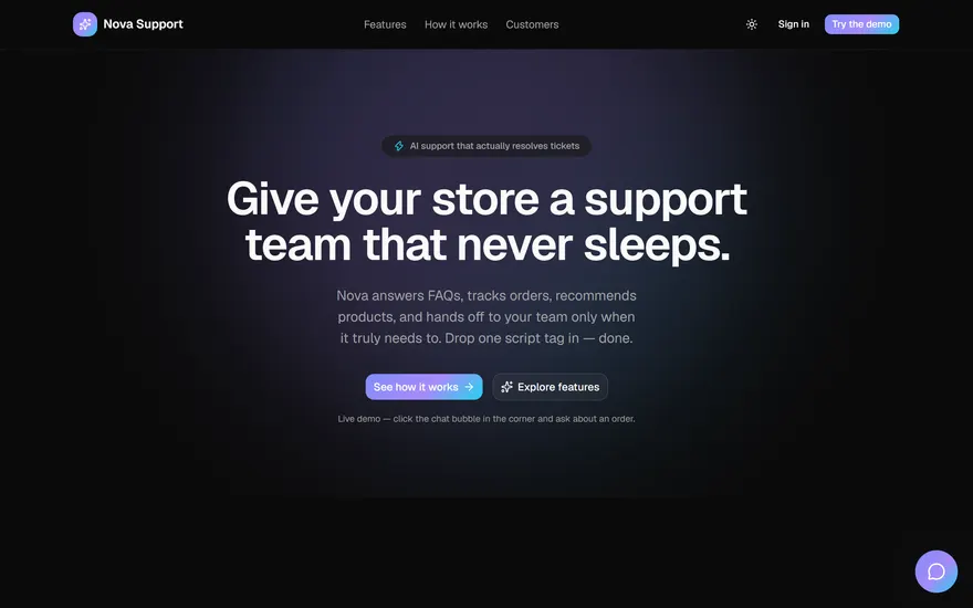 Nova Support landing page showing an AI chat widget answering an order tracking question
