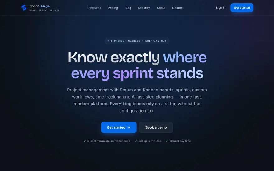 Sprint Guage landing page headlined "Know exactly where every sprint stands"